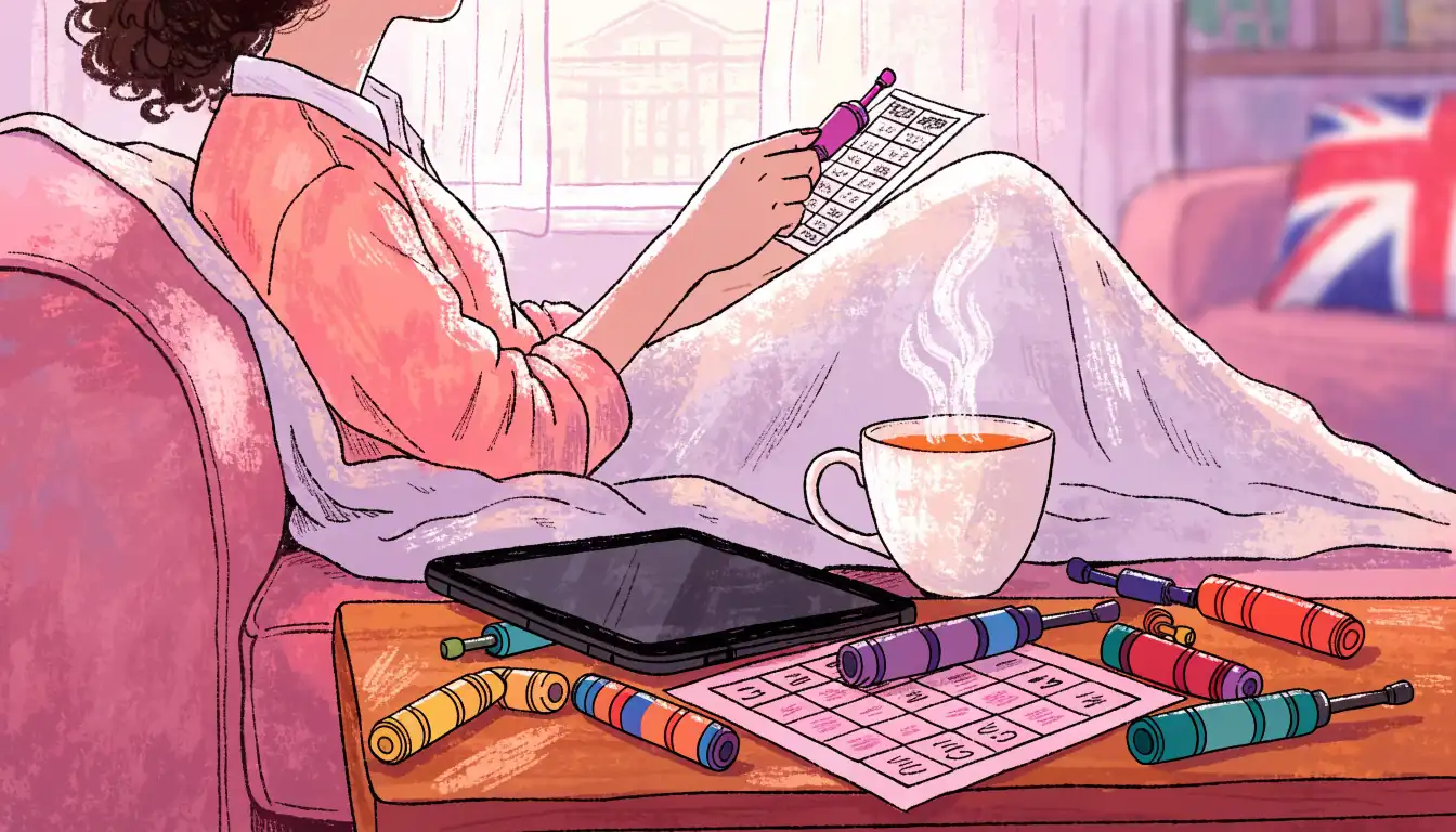 Cozy UK bingo setup with tablet, daubers, and tea on a side table.