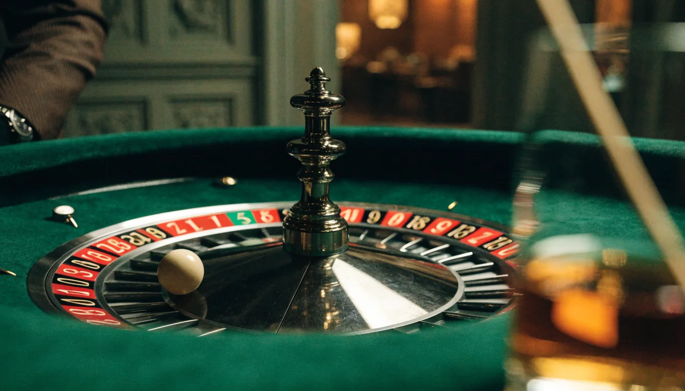 American roulette wheel with double zero in a refined British casino setting