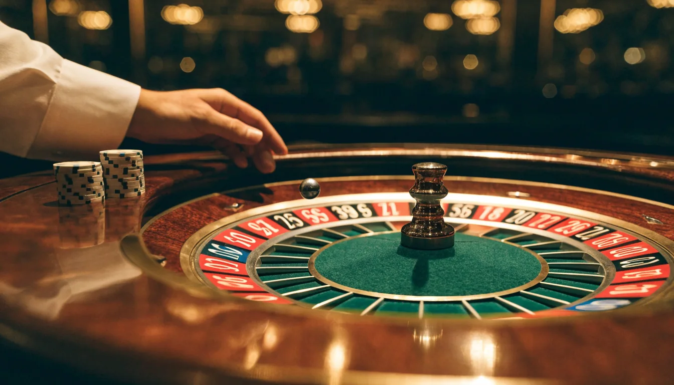 European roulette wheel with single green zero on a casino table