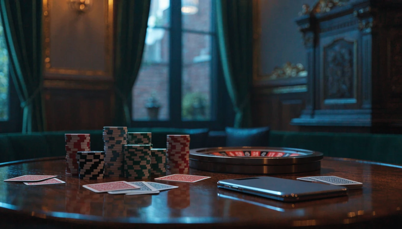 Premium UK casino lounge with chips, cards, roulette and a face-down smartphone.