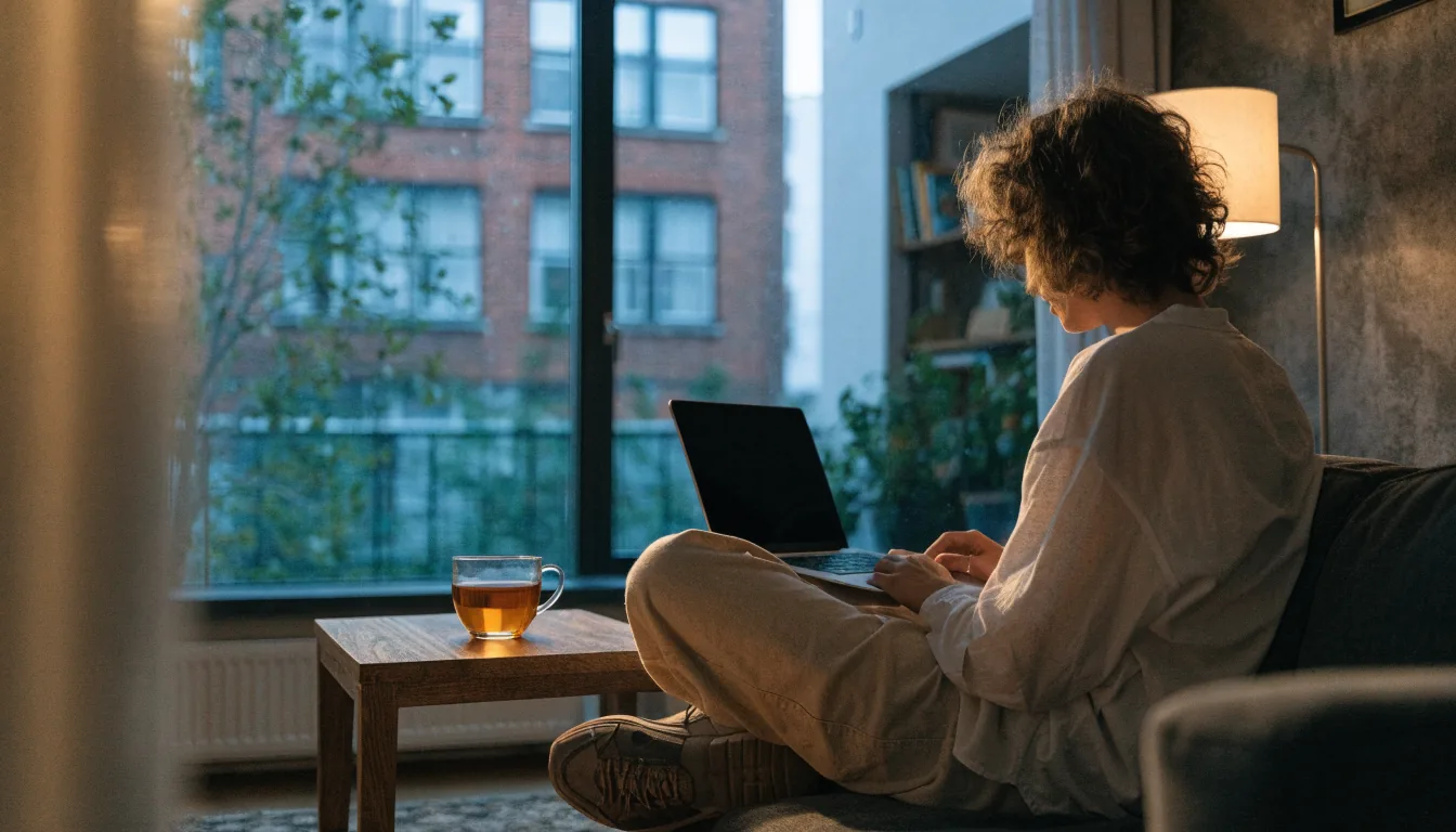 Person relaxing with a laptop in a modern UK apartment