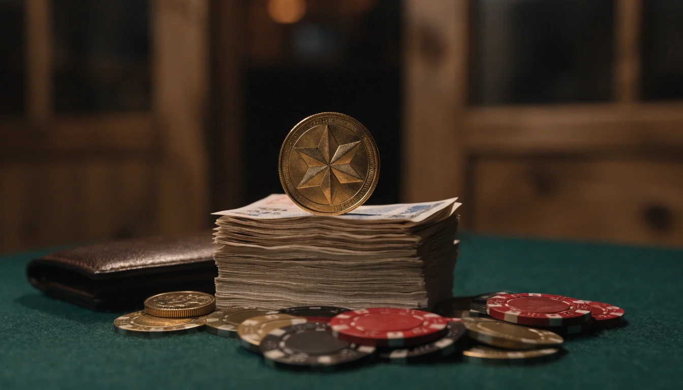 British pound banknotes stacked with colorful poker chips on a green felt table.