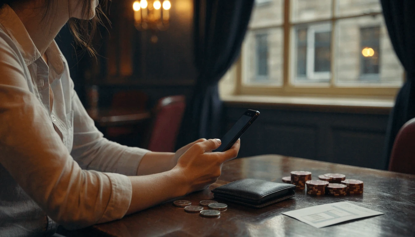 UK gambler checking licence and budgeting with pound coins