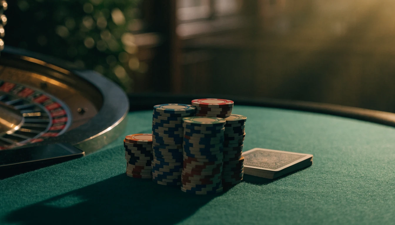 Premium casino table with chips, cards, roulette wheel, and hidden smartphone