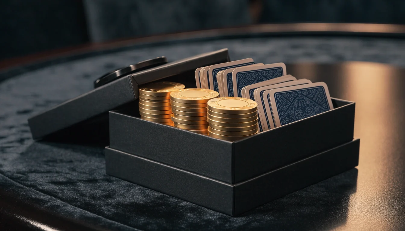 Elegant gift box revealing gold casino chips and premium playing cards