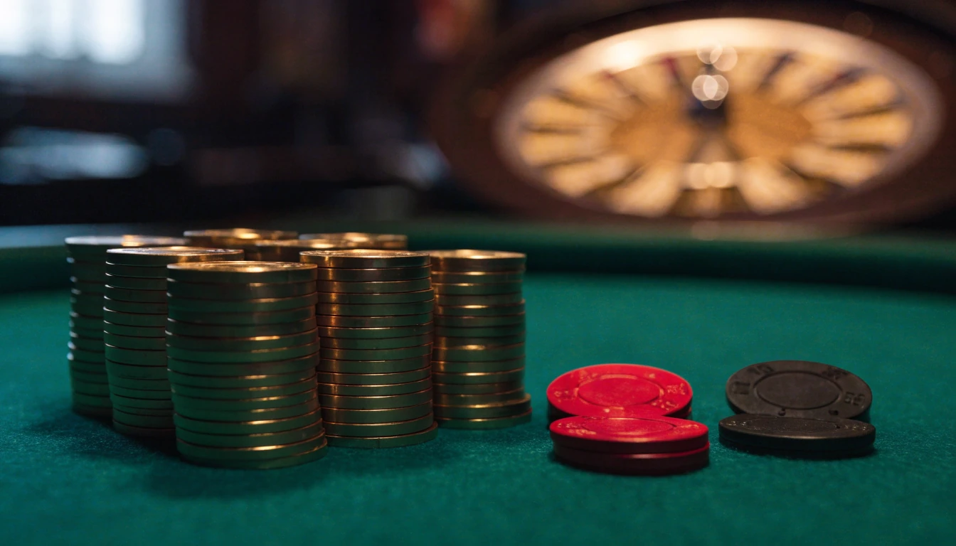 Casino chips stacked beside a roulette wheel on a green felt table