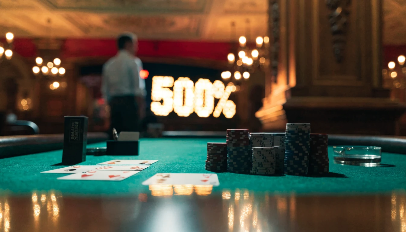 Stylish UK casino lounge with a blackjack table and a glowing 500% bonus display
