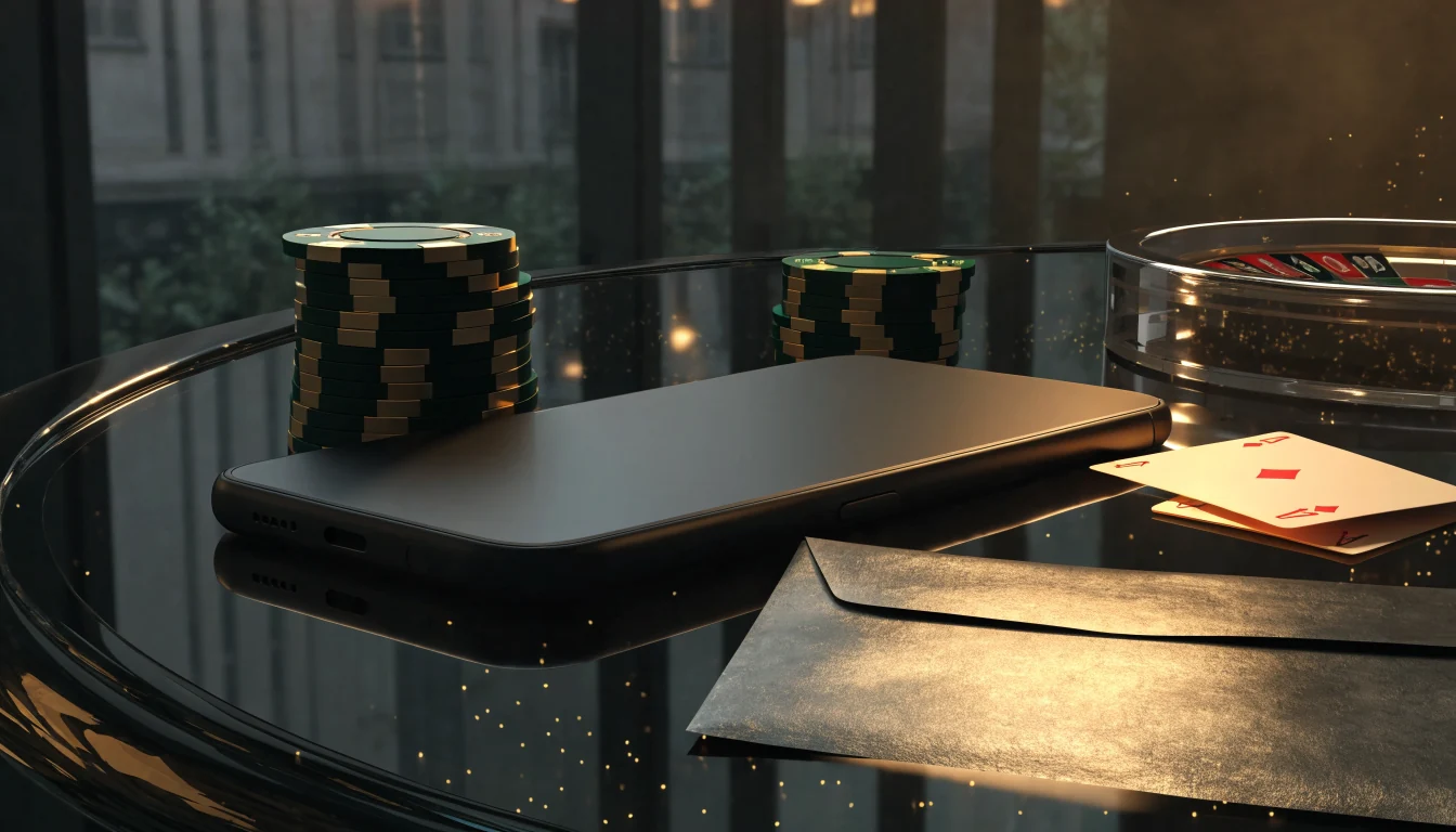 Premium online casino bonus scene with chips, roulette wheel, and hidden smartphone