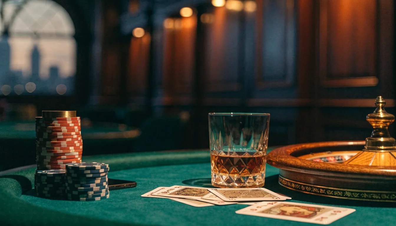 Stylish British casino table with chips, roulette wheel, whisky glass and face-down smartphone.
