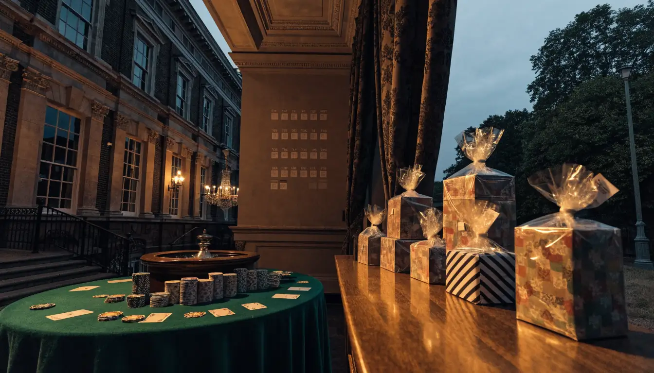 Elegant UK casino lounge with calendar, roulette table and daily rewards