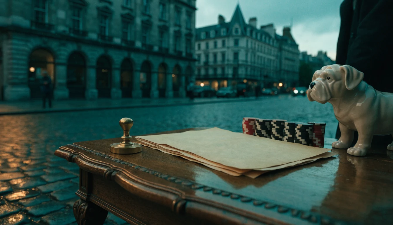 London street scene with mahogany desk, regulatory seal, casino chips, and bulldog figurine at dusk