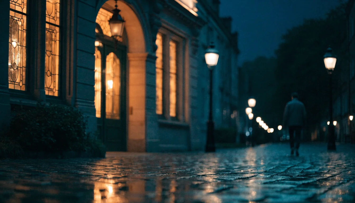 Single illuminated standalone building entrance on a quiet UK street at night