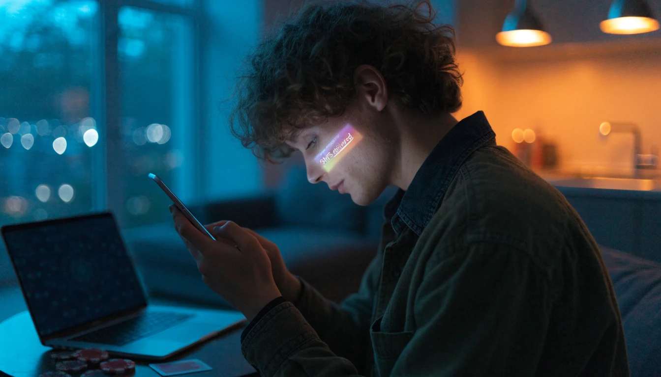 Person confirming an SMS casino deposit on a smartphone in a London flat