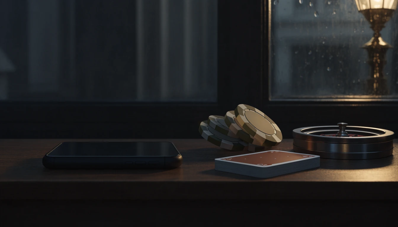 Phone turned face down beside casino chips in a moody UK setting