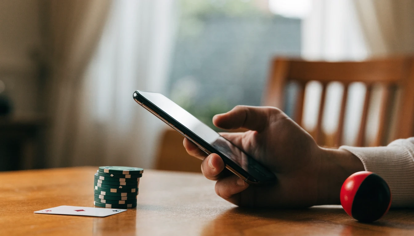 Hand holding a smartphone near casino chips and a playing card on a table