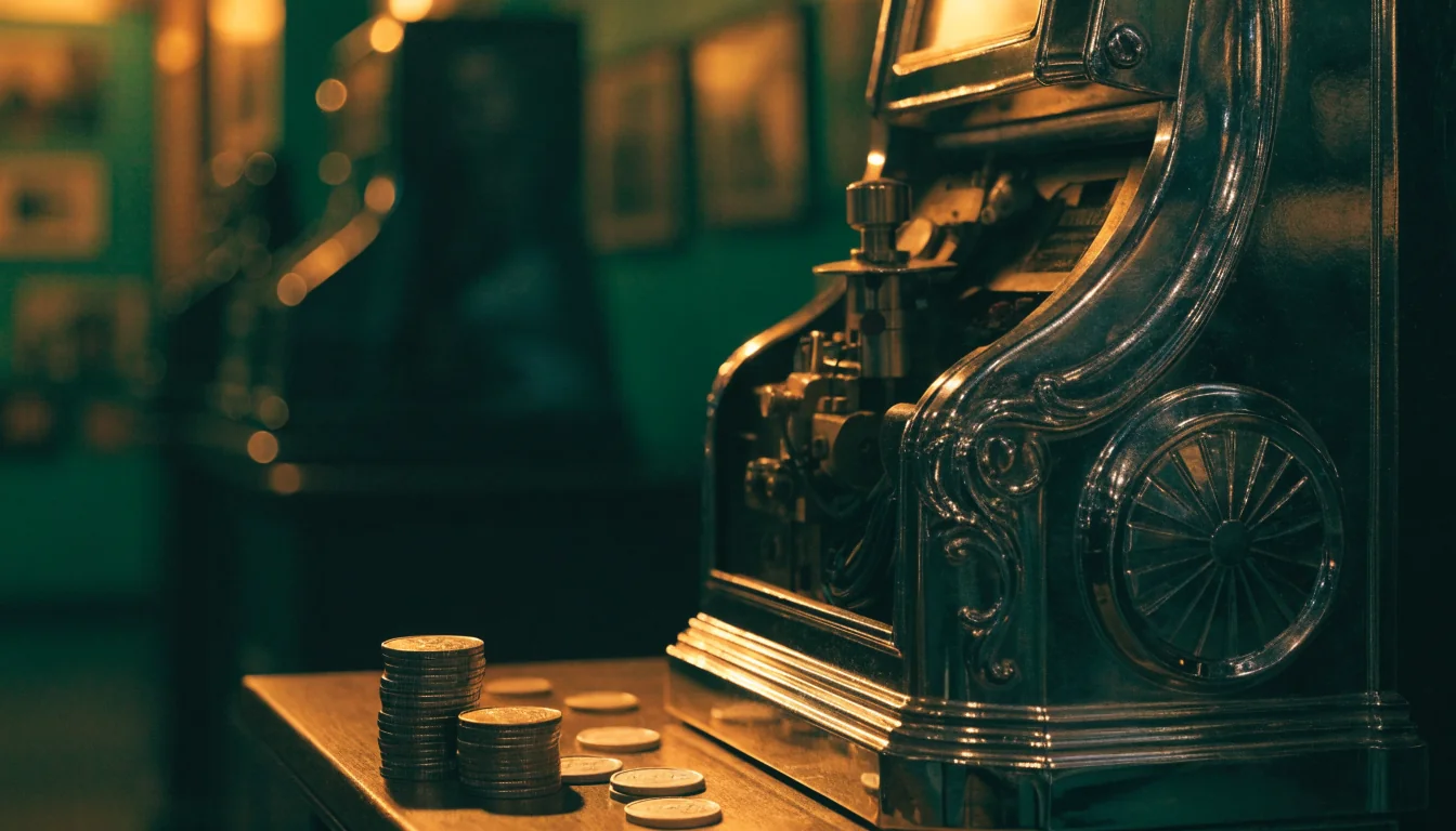 British penny slot machine with low-cost coins in a warmly lit arcade