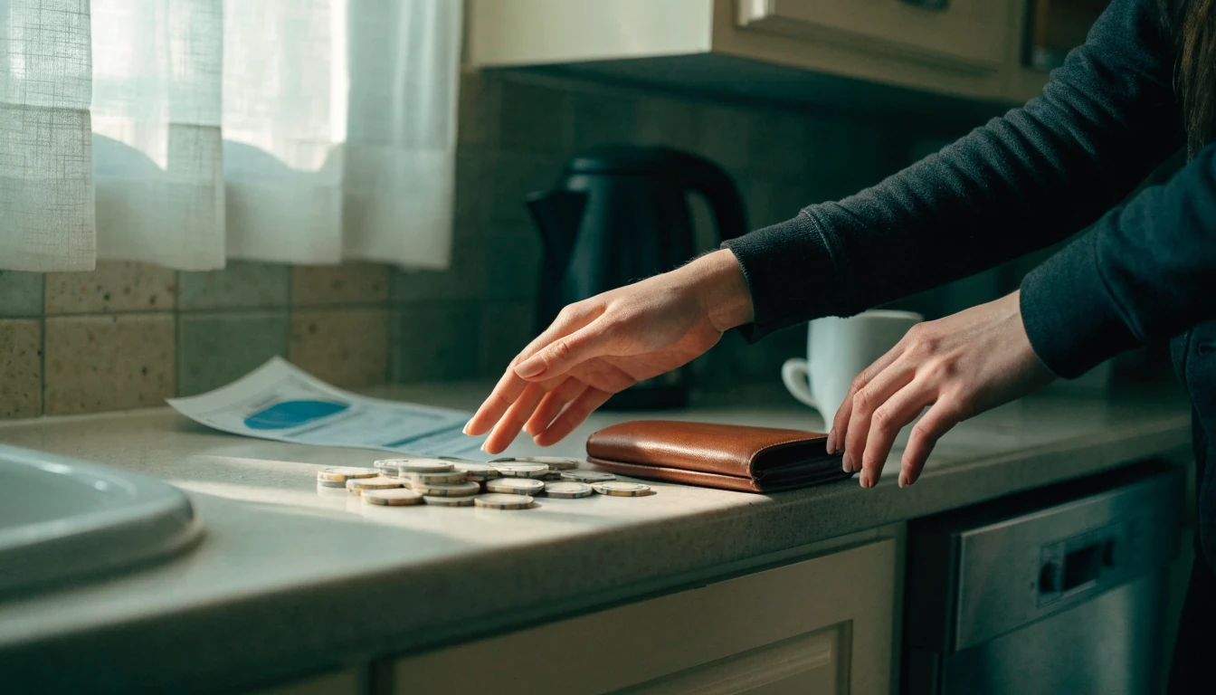 Person pauses beside casino chips, closed wallet and household bill