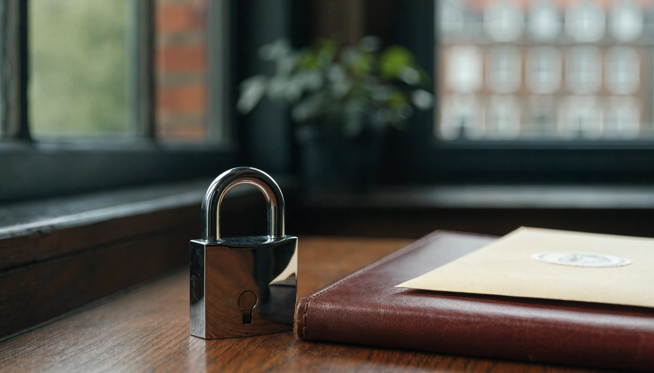 Chrome padlock on a wooden desk beside documents in a British home office.