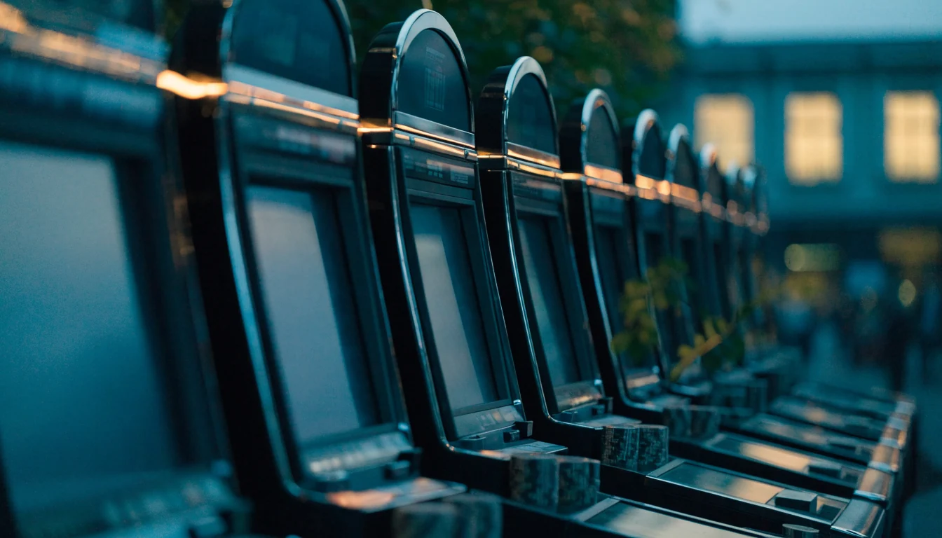 Connected UK casino slot machines with chips and a shared jackpot pool
