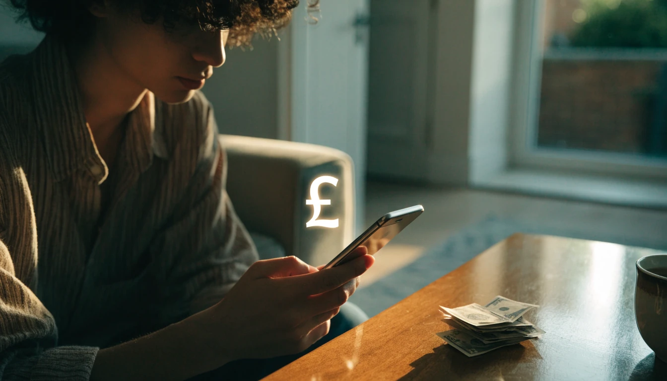 Person holding smartphone with British pounds and a bank notification, symbolizing fast casino withdrawal in the UK