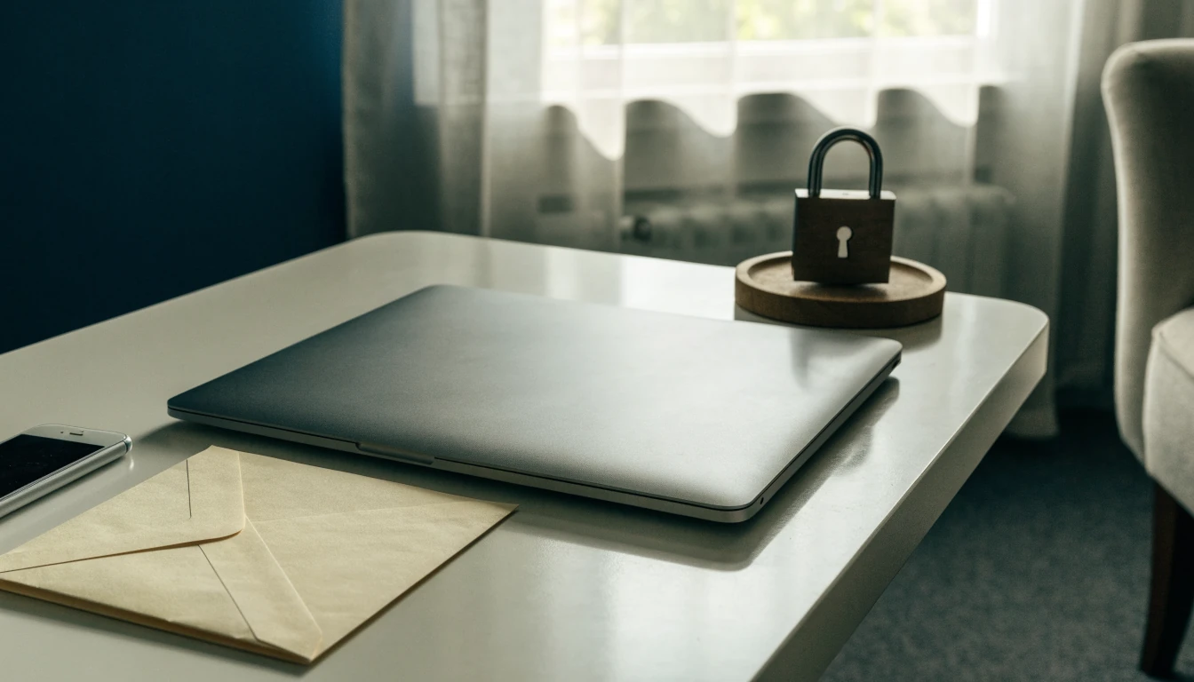Closed laptop with security symbols in a calm UK office