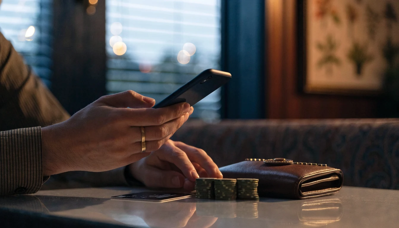 UK casino customer accessing winnings through a smartphone and payment card