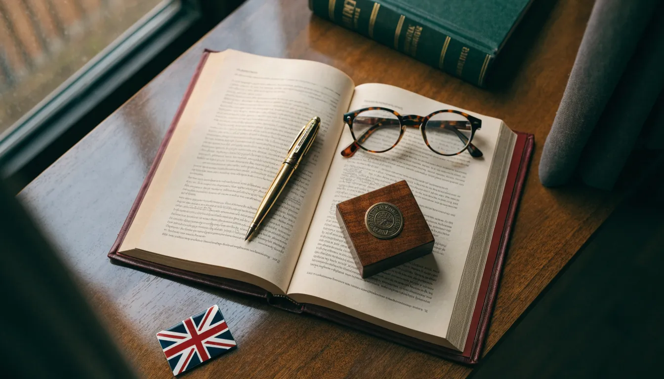 Legal terms document with fountain pen and reading glasses on a wooden desk, British-themed still life
