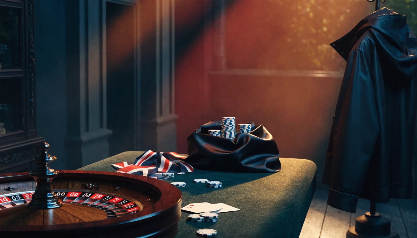 British casino theme with roulette wheel, chips, cards, and Union Jack accents
