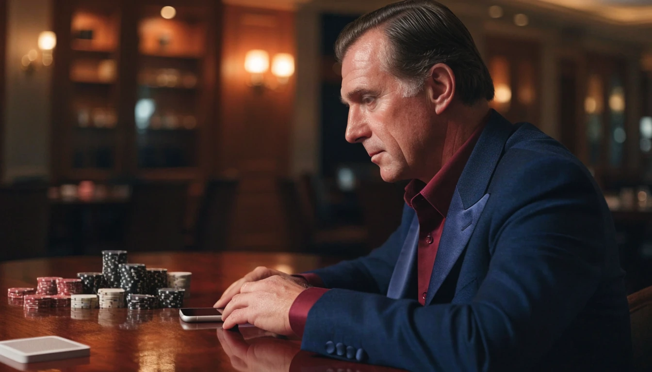 UK gambler thoughtfully evaluating a casino using a face-down smartphone