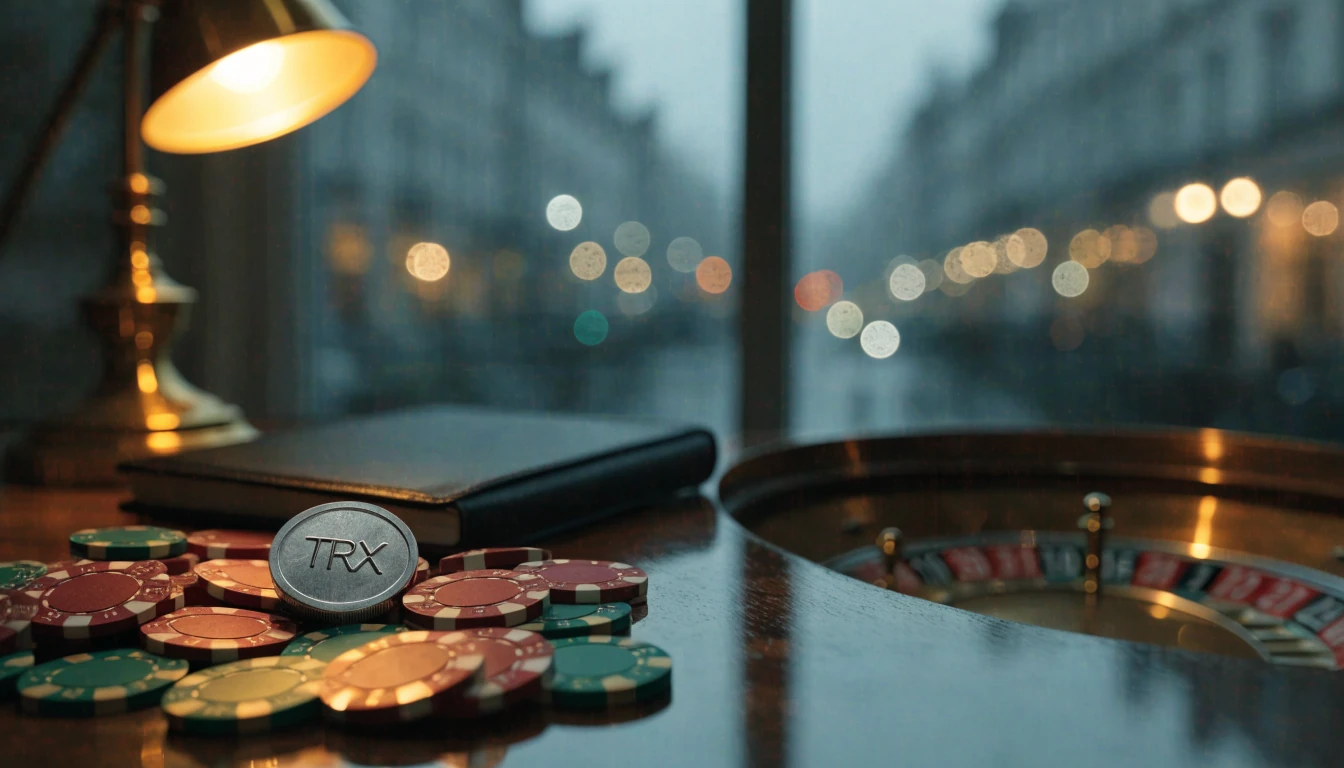 Casino chips, roulette wheel, and a TRX coin on a wooden desk with warm lamp light