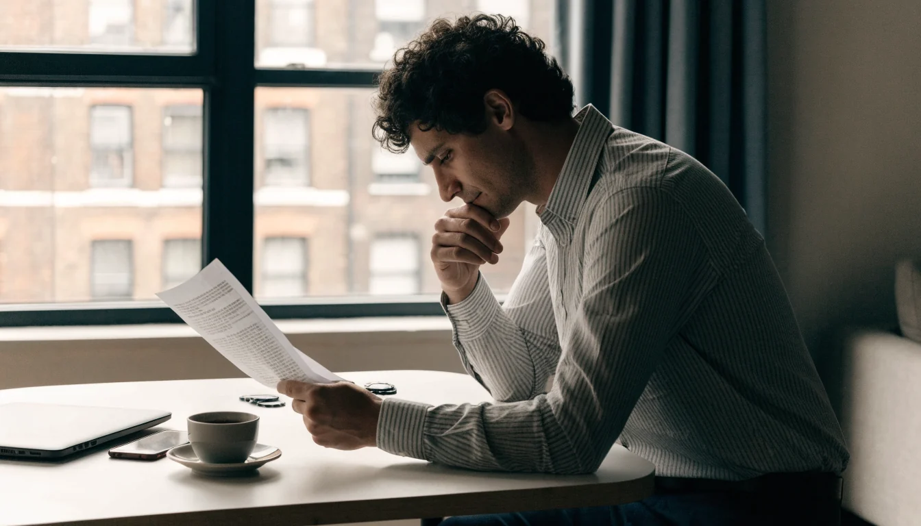 UK gambler reviewing printed terms beside a closed laptop and smartphone