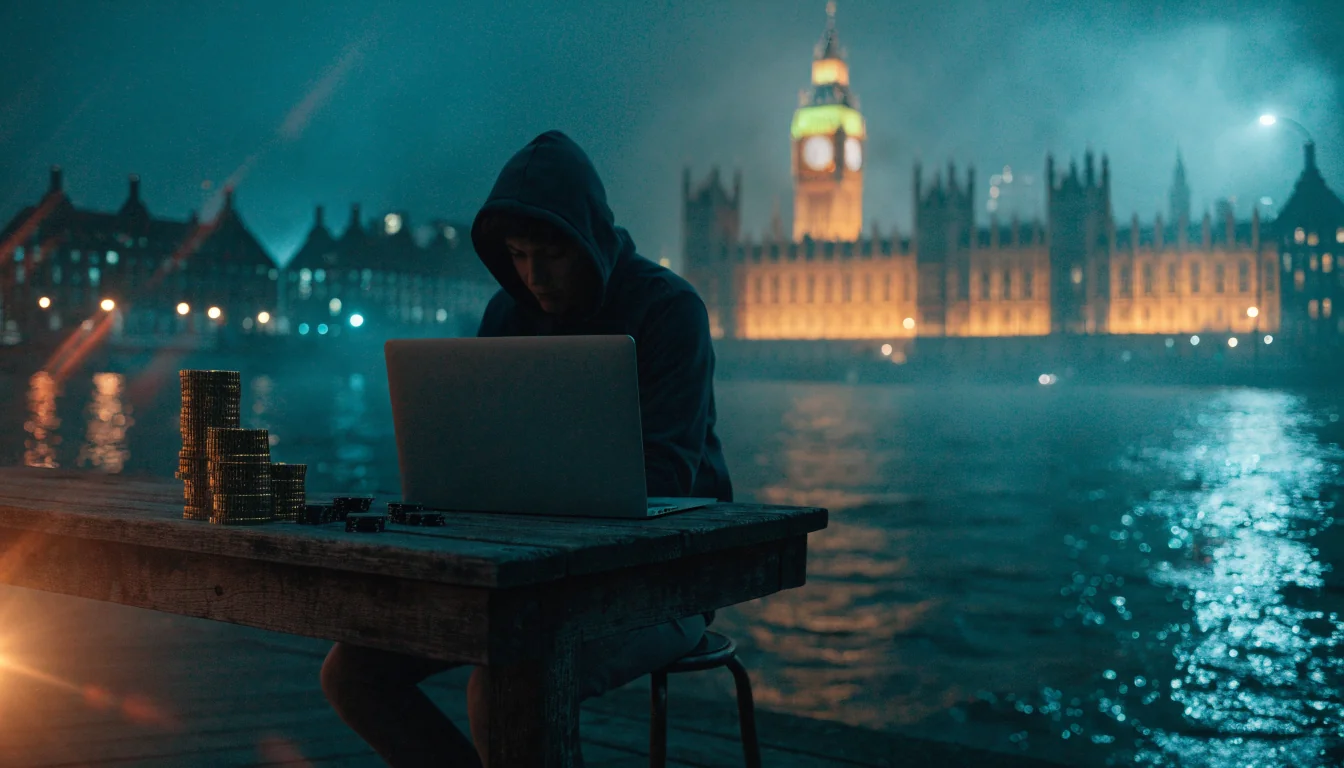 Hooded figure beside crypto tokens and chips on a London riverside table at night, Big Ben in the misty background.
