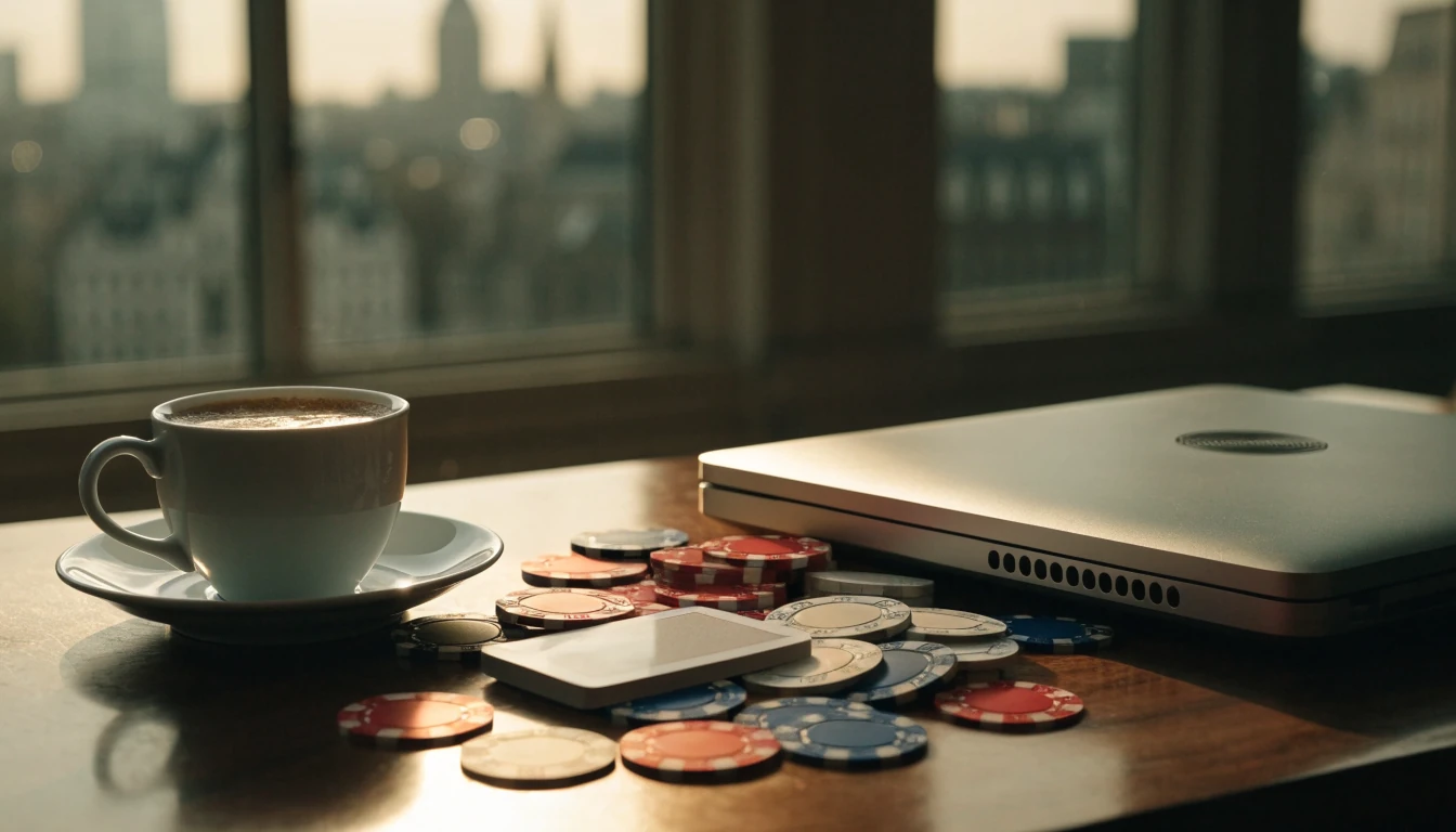 Casino chips and playing cards on a walnut desk with a cup of tea and a London skyline through the window.