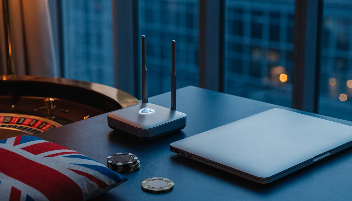 Closed laptop and privacy router with casino chips and roulette in London