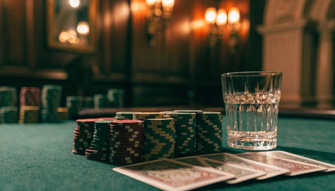 Luxurious casino table with stacked chips, playing cards, and warm golden lighting in an elegant British club setting.